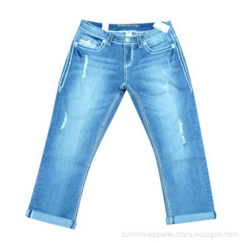 Women's denim pants, denim bottom, side seam embroidery, back pocket PU embroidery